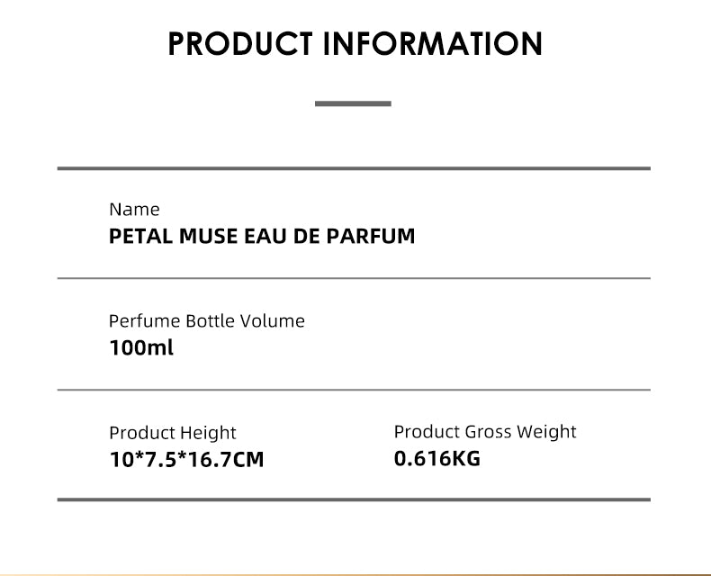 Petal Muse Perfume 100ML – Fragancia gourmand oriental masculina, atrayente, duradera, perfecta para citas y fiestas, ofreciendo una sensación cálida y envolvente.